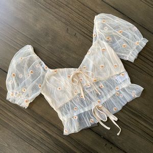 Les Lis Ivory Mesh Crop Top with Embroidered Daisies